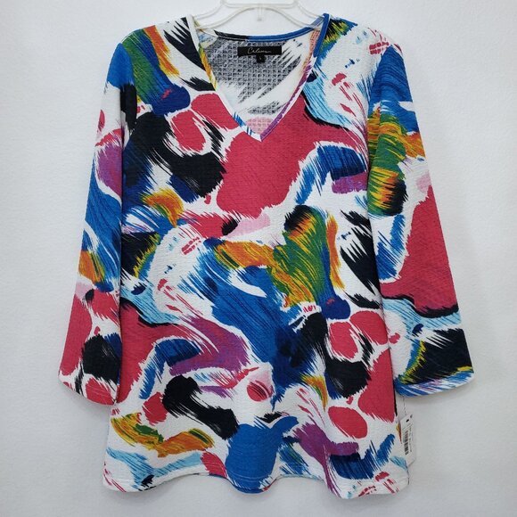 Calessa Knit V-Neck 3/4 Sleeve Artsy Vibrant Printed Tunic Top Size Large - Picture 1 of 10